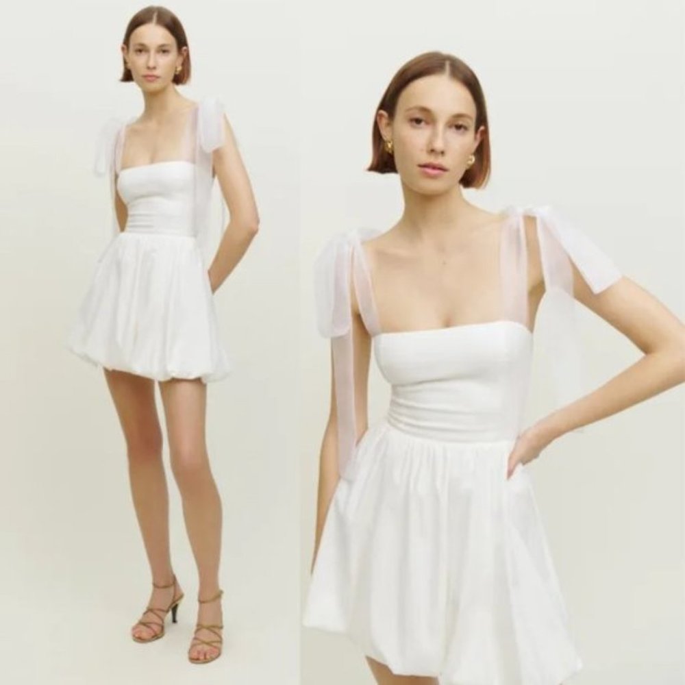 NWT Reformation Enza Mini Dress SZ 10 White Ruched Skirt Adjustable Shoulder Tie